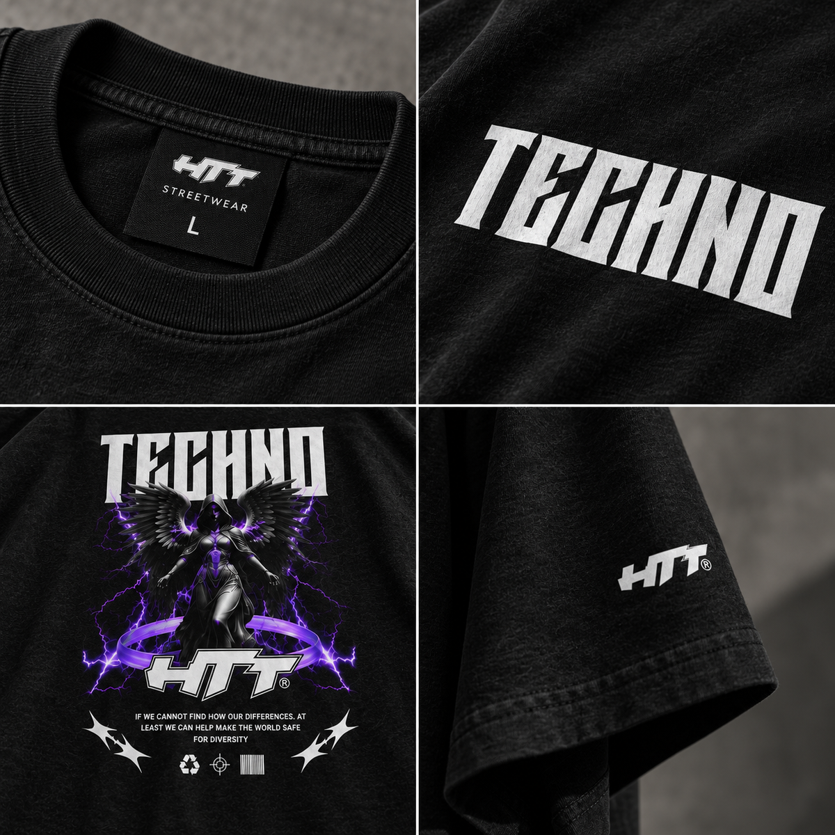 Detailcollage HTT Techno Angel T-Shirt met kraag, TECHNO-borstprint, Techno Angel-backprint en HTT-mouwlogo