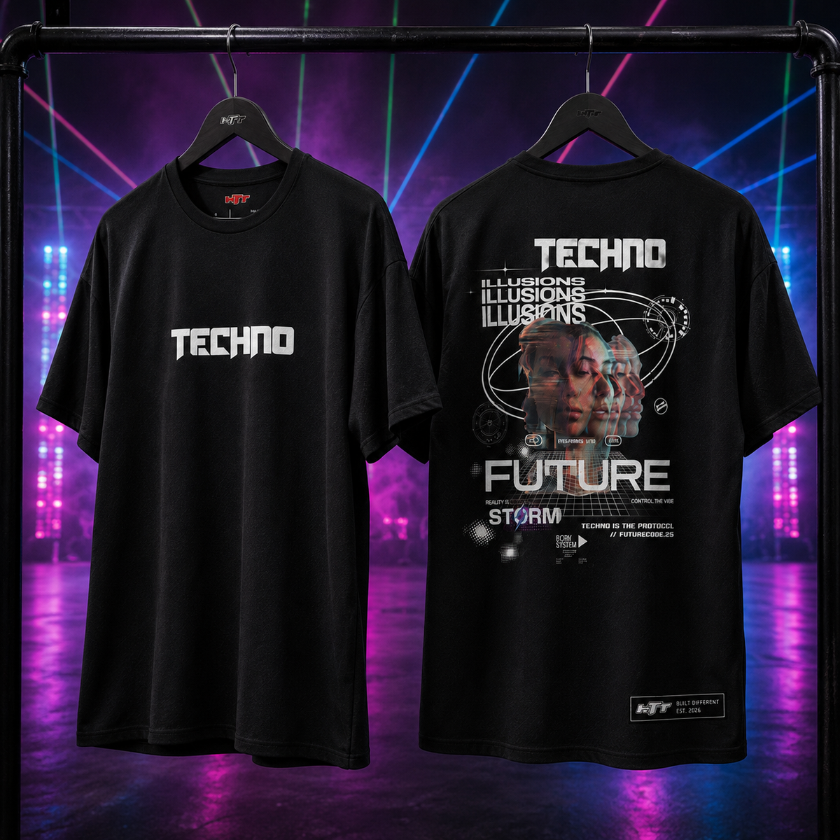 HTT Techno Unisex Sports Jersey voor- en achterkant op hanger