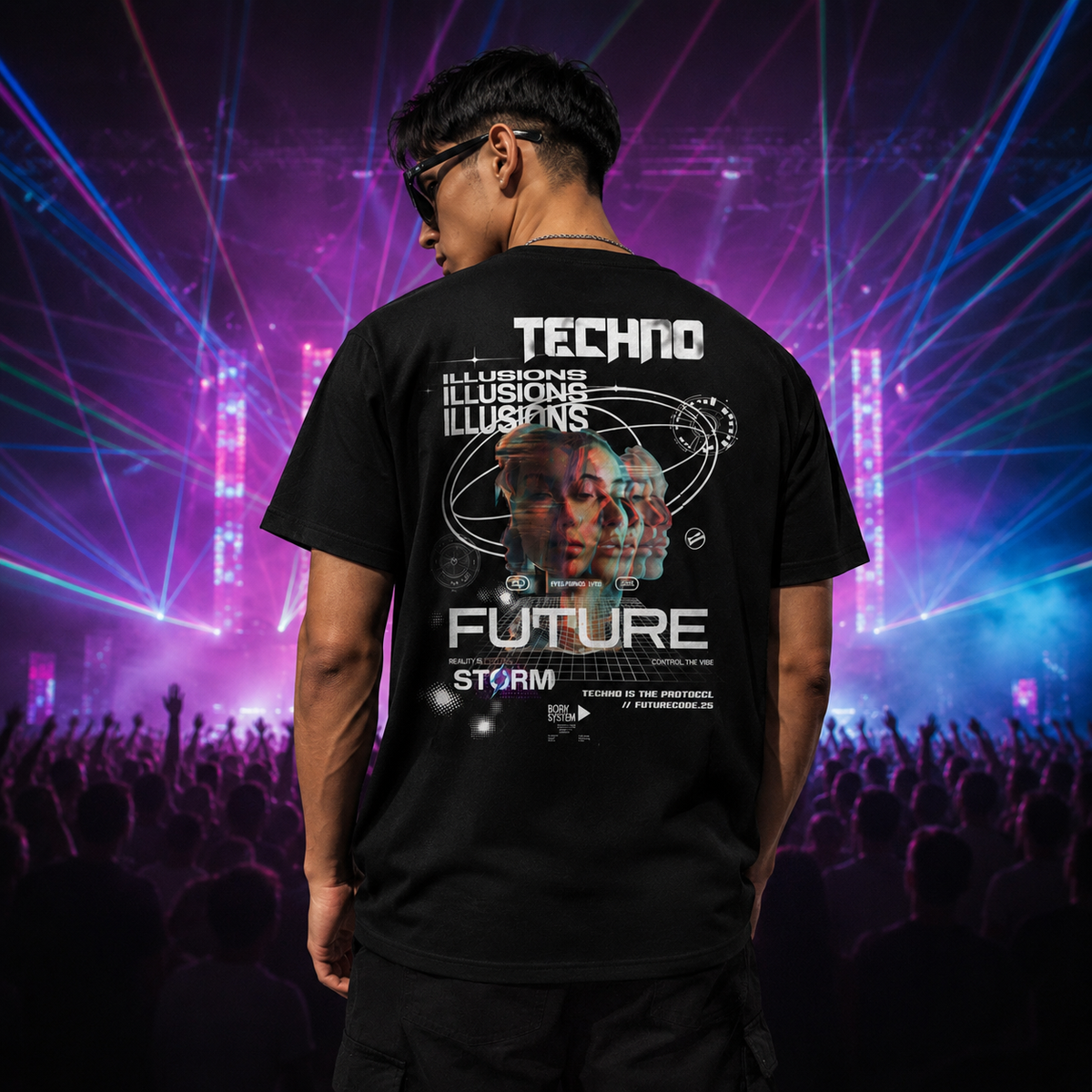 HTT Techno Unisex Sports Jersey achterkant op model met Future graphic backprint