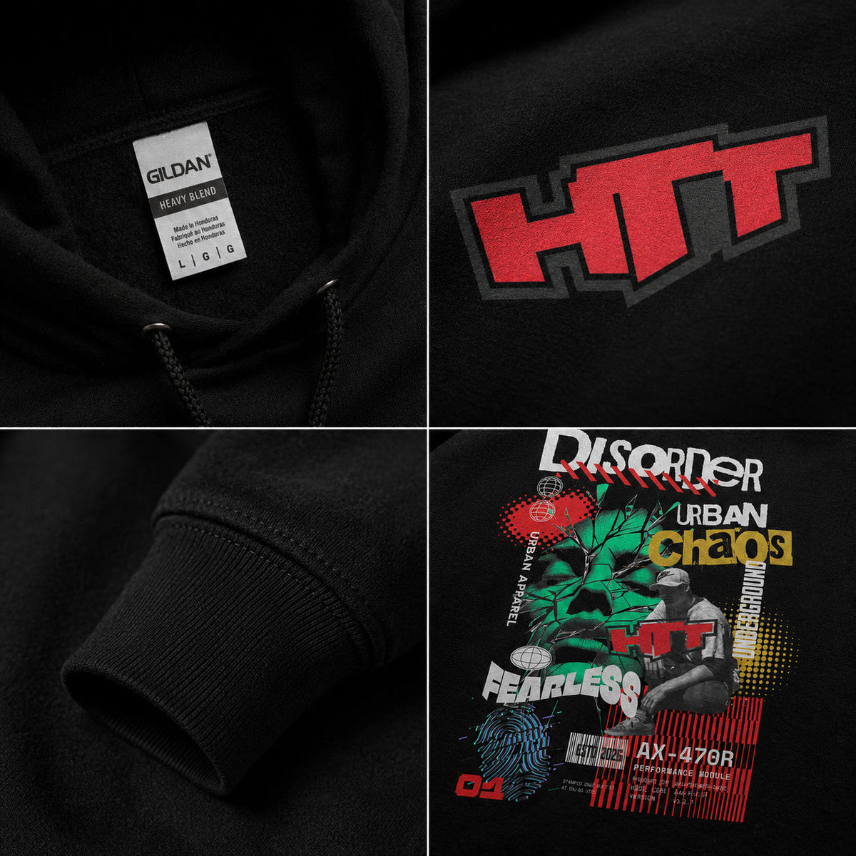 Sudadera con capucha HTT Urban Chaos negra – foto detallada del material, el logotipo de HTT y el estampado trasero