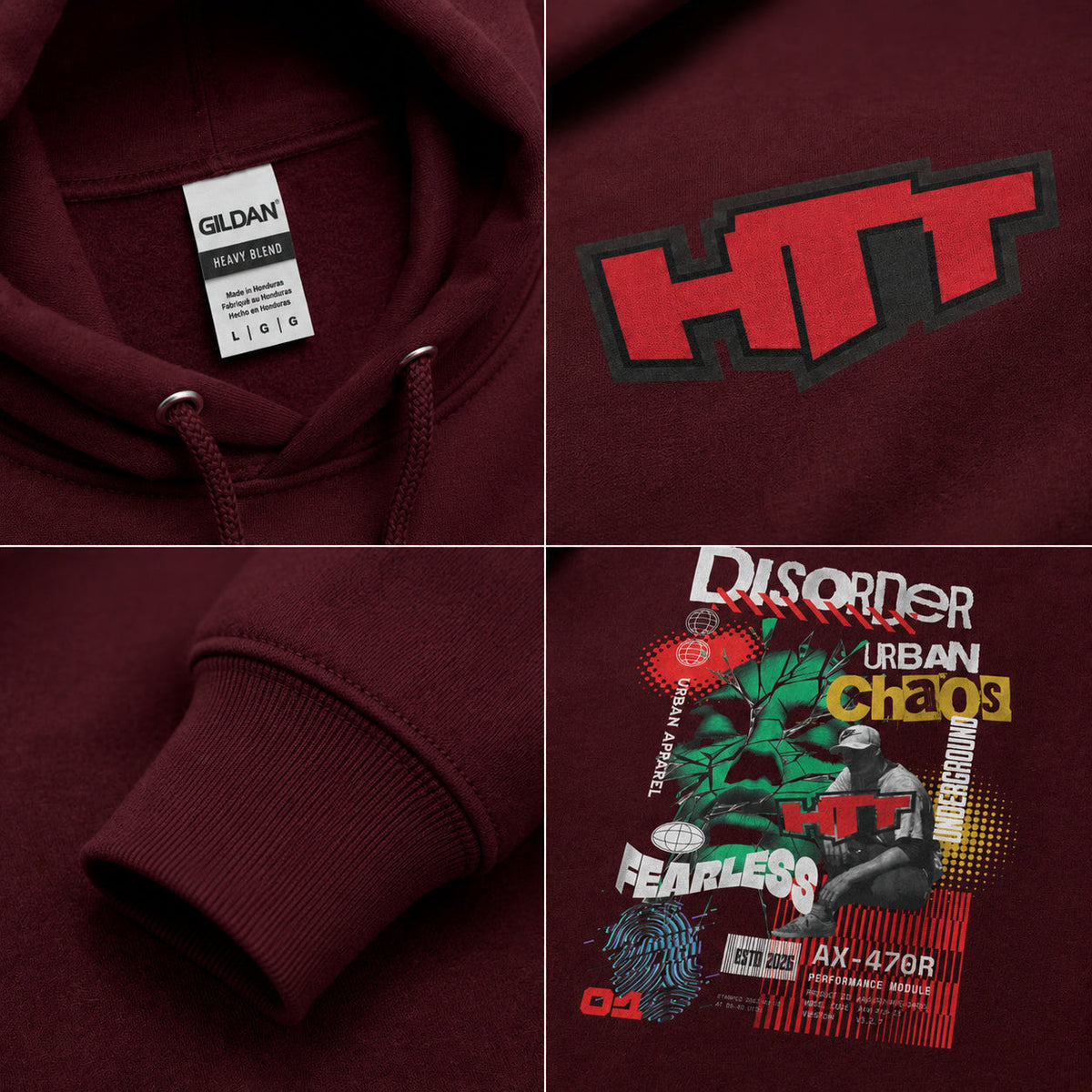 Sudadera con capucha HTT Urban Chaos color granate – foto detallada del material, logotipo rojo de HTT y estampado Urban Chaos en la espalda