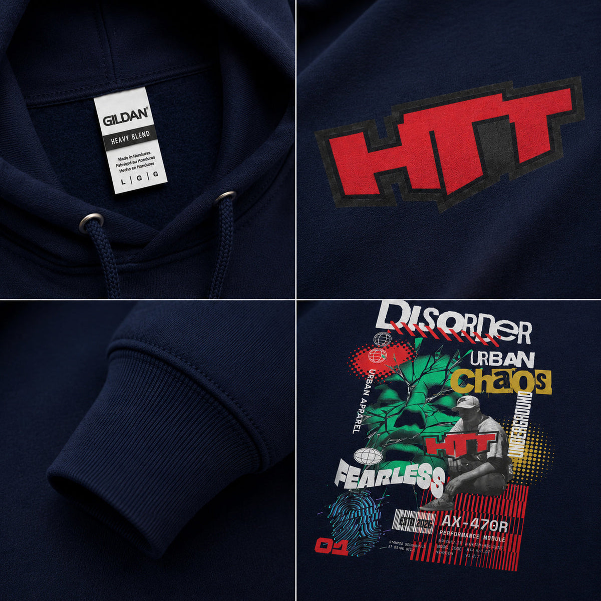 Sudadera con capucha HTT Urban Chaos azul marino – foto detallada del material, logotipo HTT rojo y estampado Urban Chaos en la espalda
