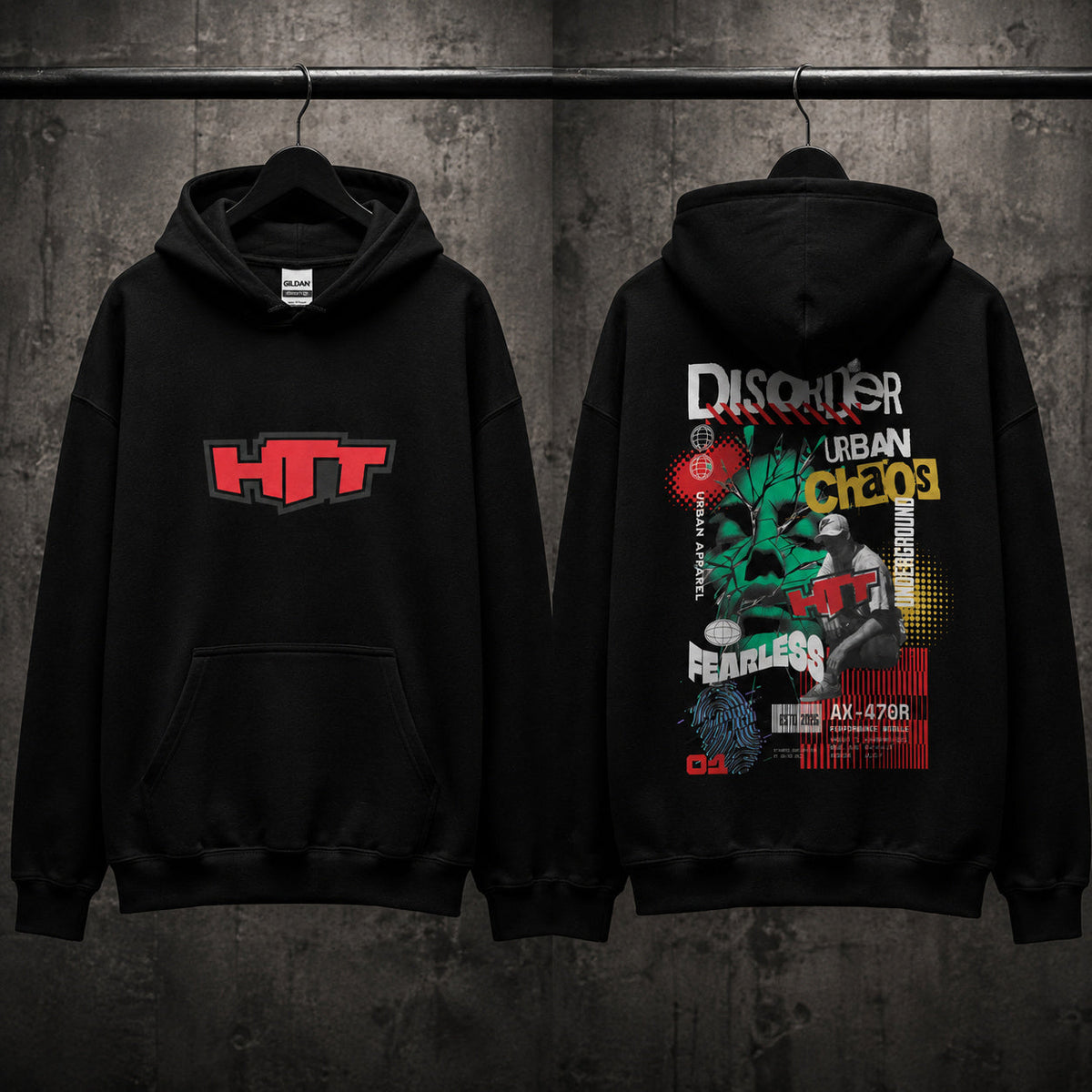 Sudadera con capucha HTT Urban Chaos negra en percha – parte delantera y trasera
