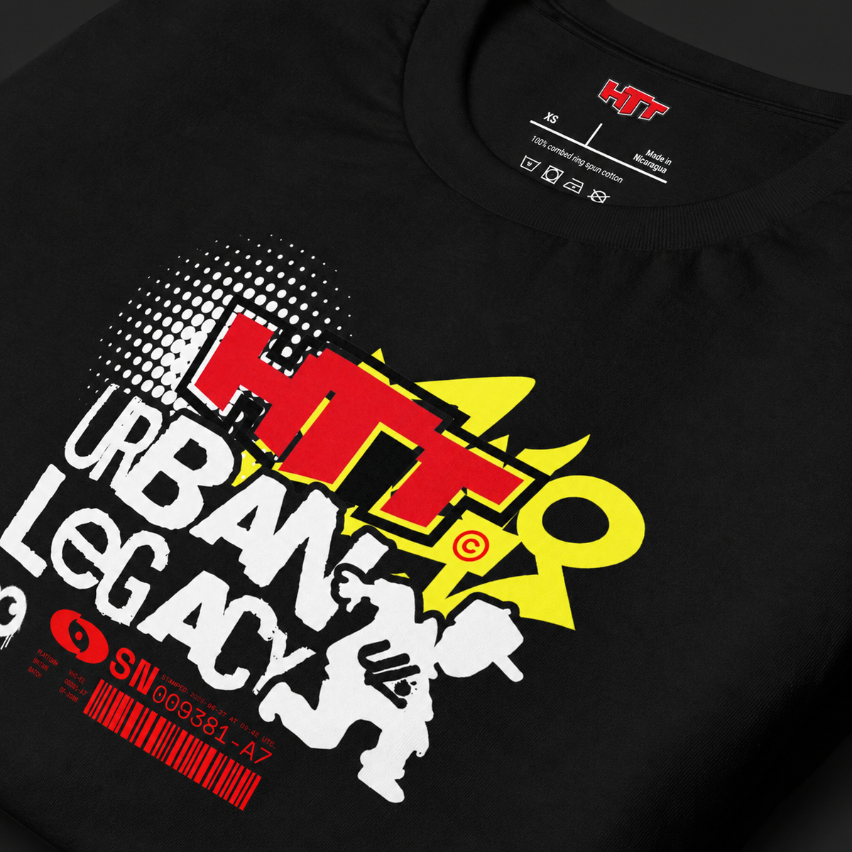 HTT Urban Legacy unisex black T-shirt close-up front print and fabric detail