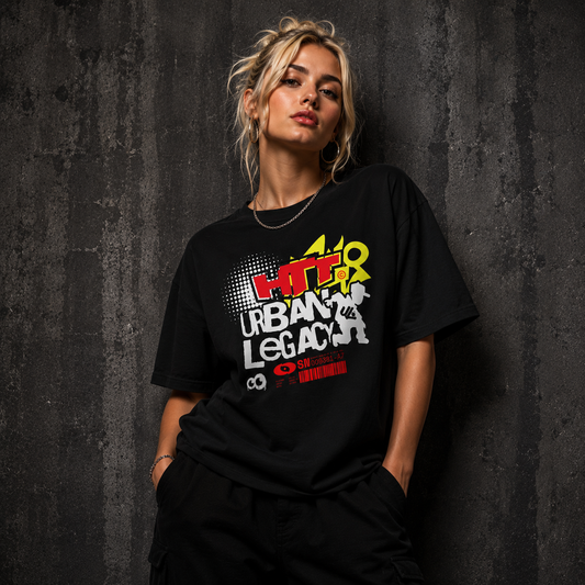 HTT Urban Legacy unisex T-shirt black streetwear blonde female model front print