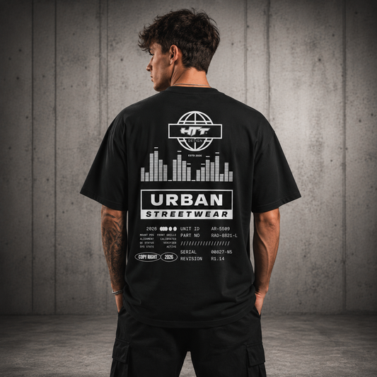 Model wearing HTT Urban Streetwear Men's Box Tee black – back view