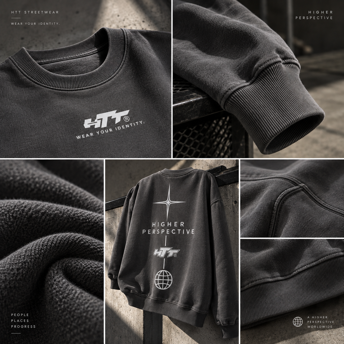 Charcoal Gray HTT Wear Your Identity heavyweight sweater detail collage showing fabric and construction