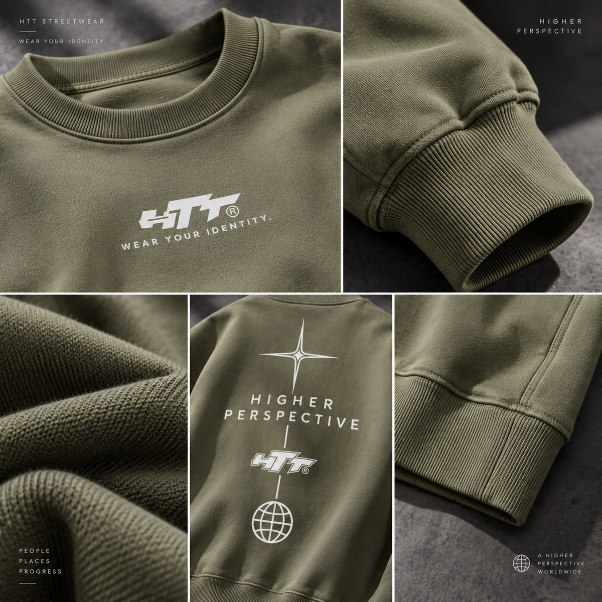 Sage Green HTT Wear Your Identity heavyweight sweater detail collage showing fabric and construction