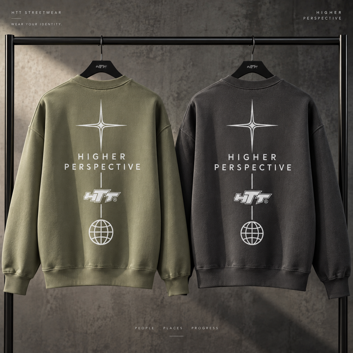 HTT Wear Your Identity oversized sweaters in Sage Green and Charcoal Gray, hanger product view