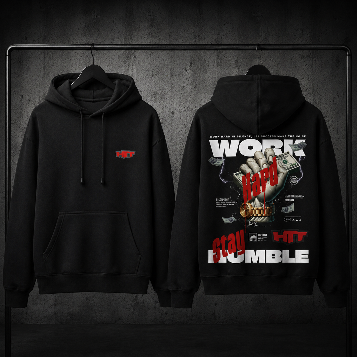 Hoodie HTT Work Hard noir, devant et dos – streetwear urbain haut de gamme