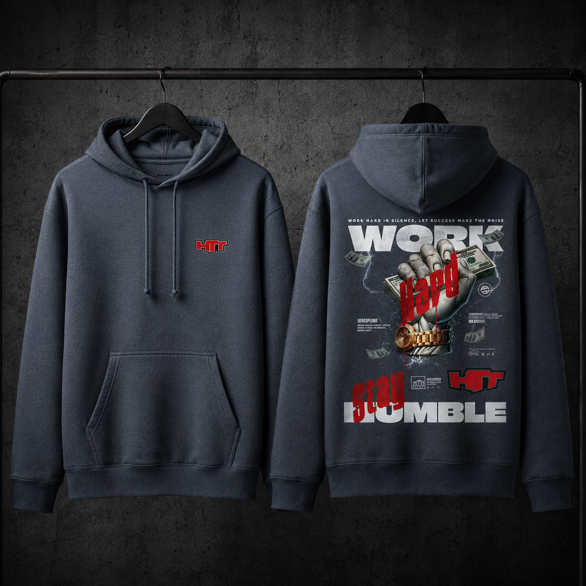 Sweat à capuche HTT Work Hard Heavy Blend Heather Sport bleu marine foncé – face avant et arrière sur cintre