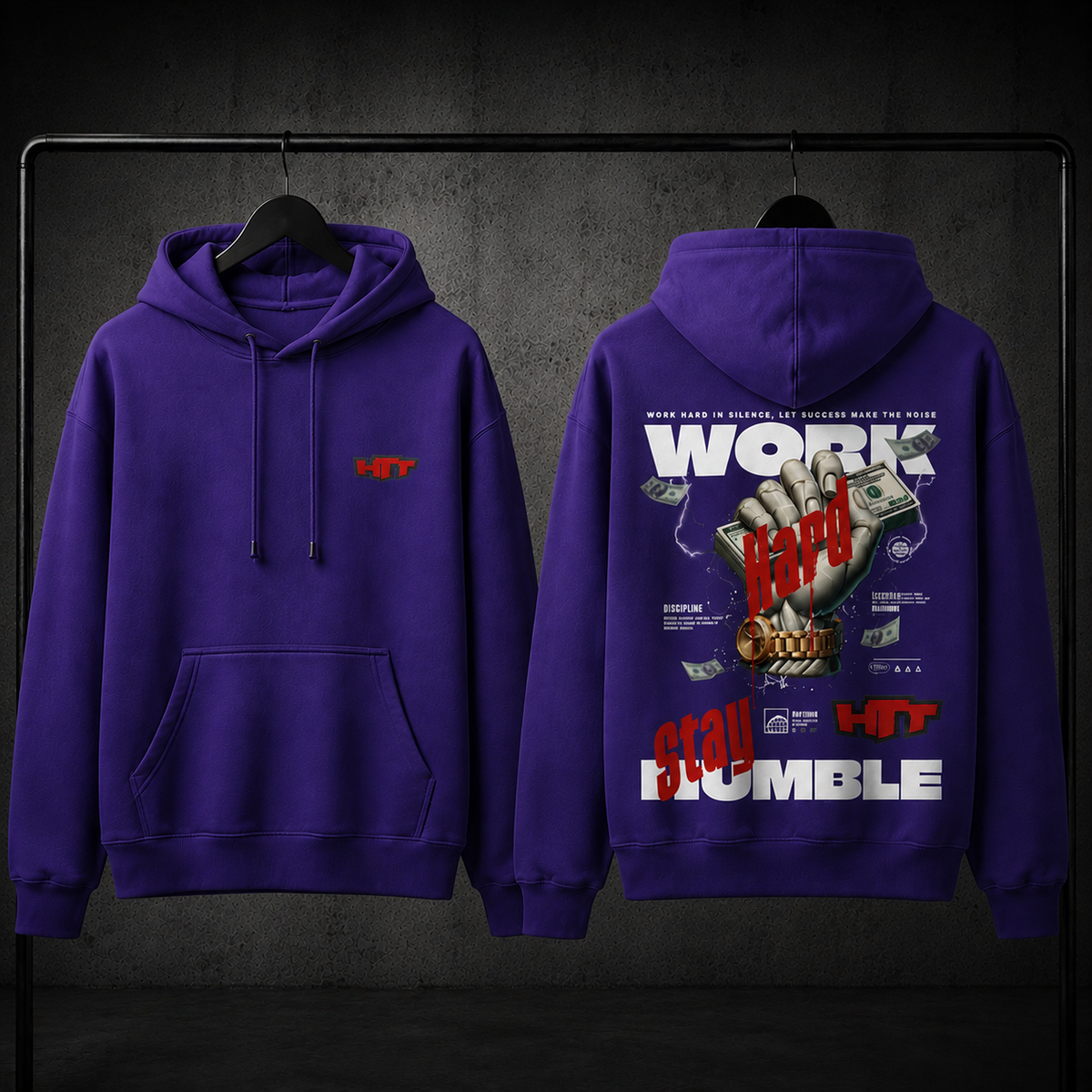 Sweat à capuche HTT Work Hard violet, devant et dos – HTT Streetwear