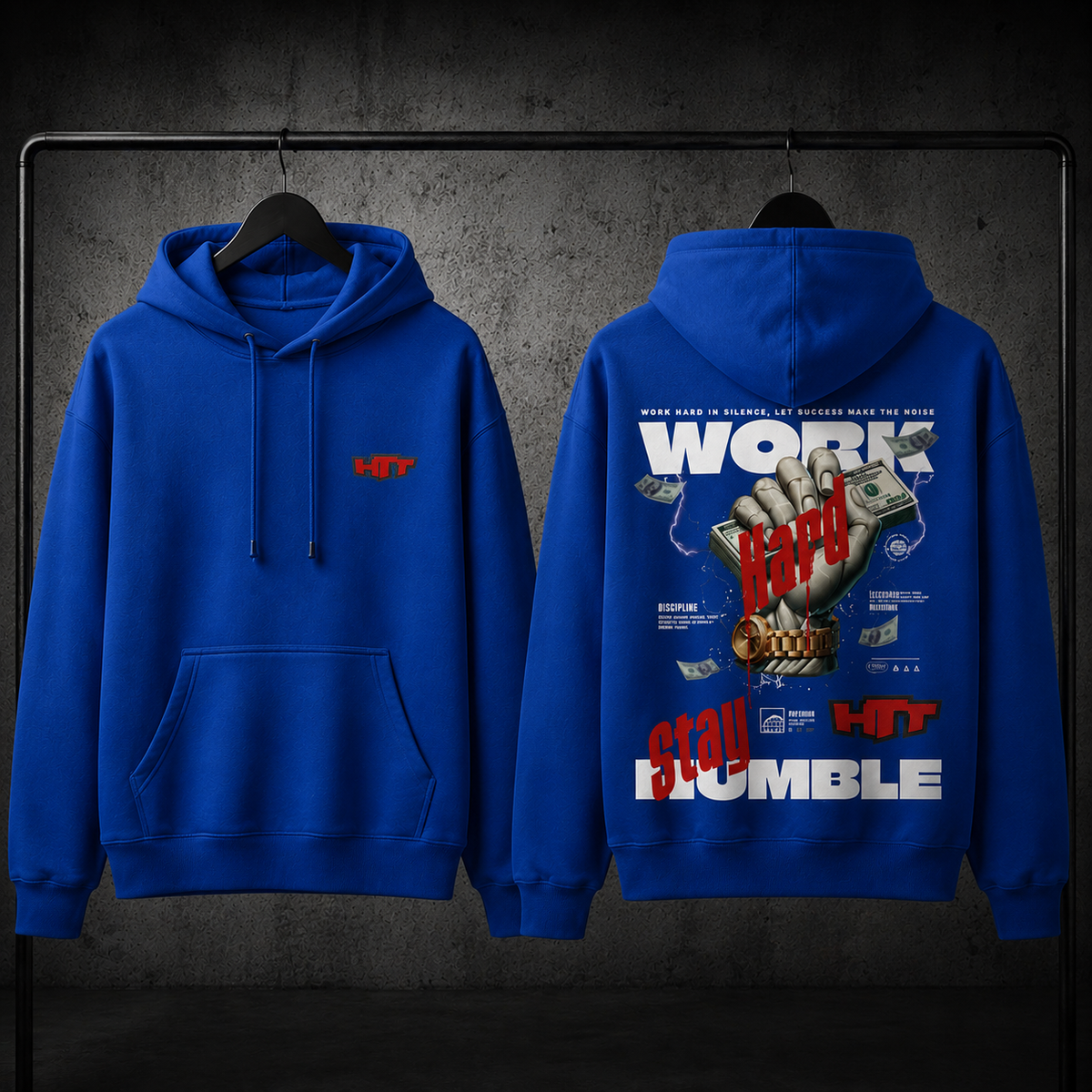 Sweat à capuche HTT Work Hard bleu roi, devant et dos – sweat à capuche streetwear