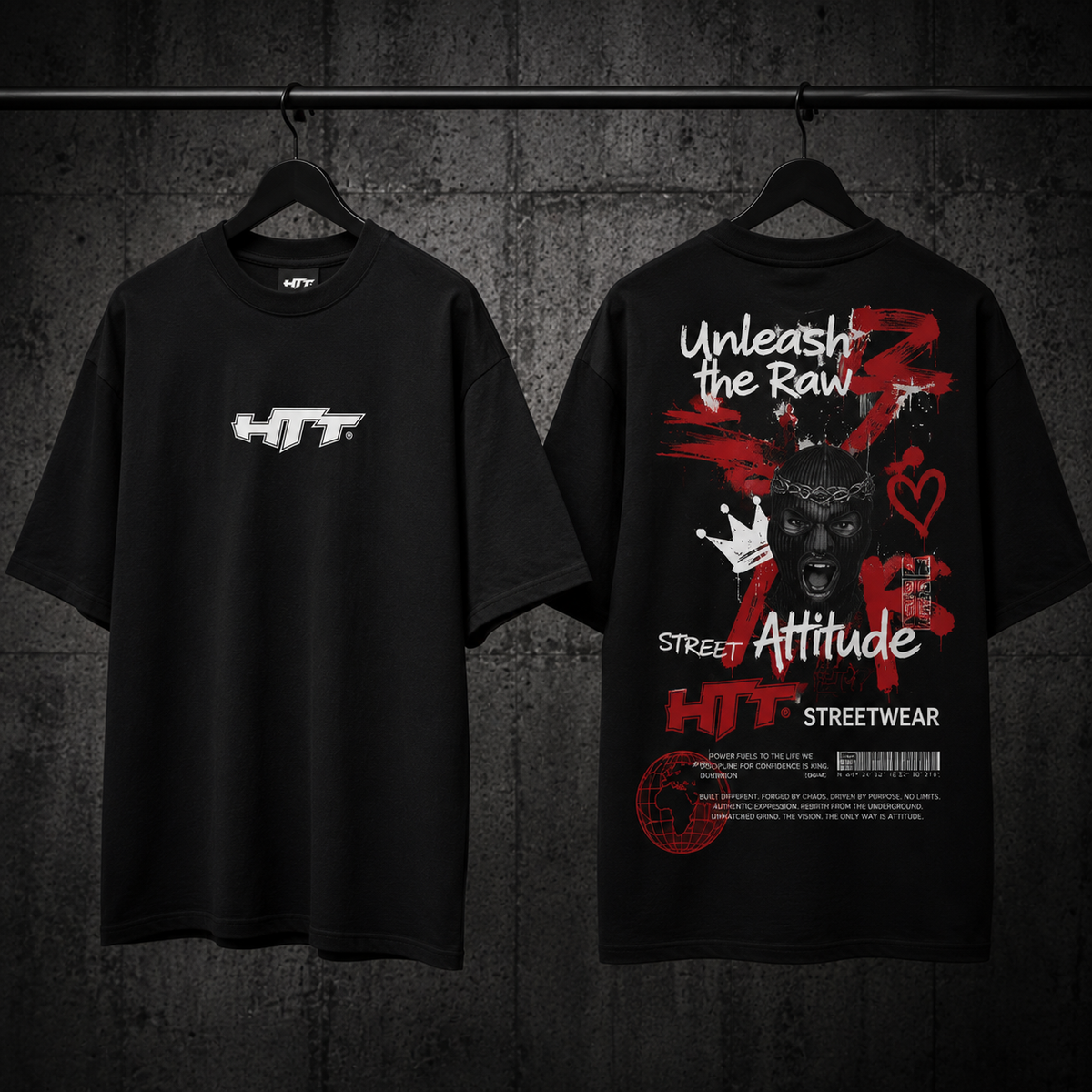 HTT Street Attitude oversized T-shirt front logo close-up streetwear model