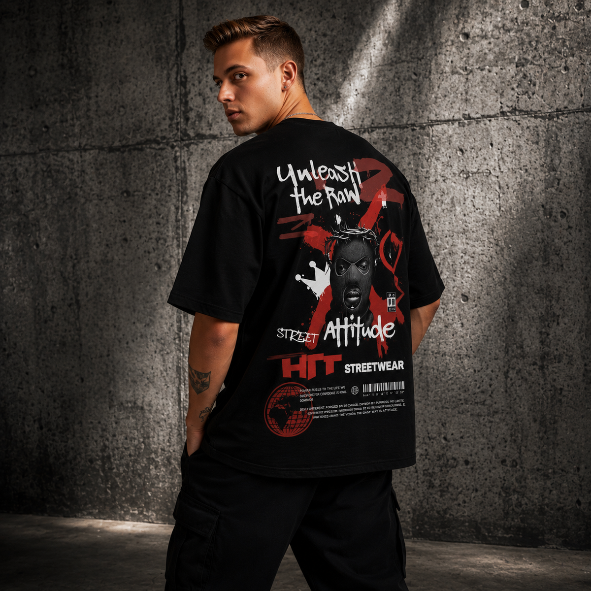 HTT Street Attitude oversized T-shirt graphic backprint close-up on model