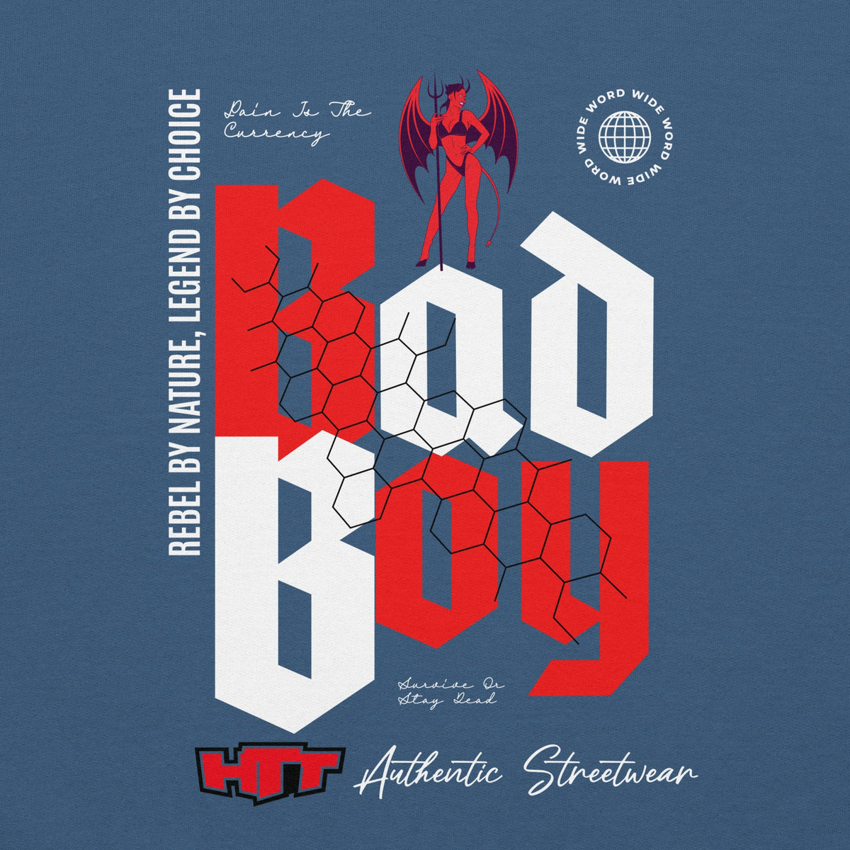 HTT BadBoy Heavy Hoodie Indigo Blue back view with graphic print