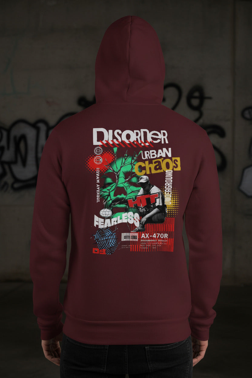 Sudadera con capucha HTT Urban Chaos, granate – parte trasera con estampado gráfico