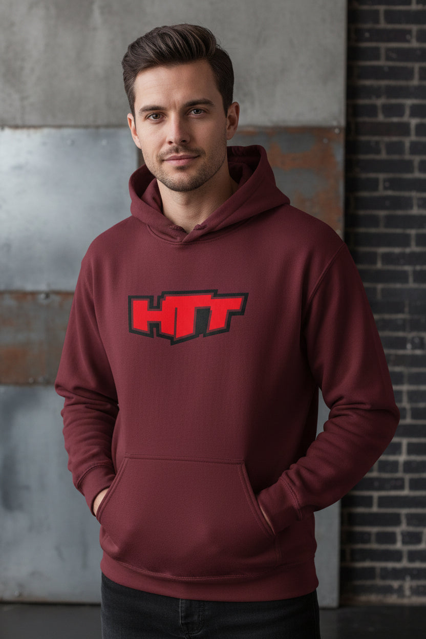 Sudadera con capucha HTT Urban Chaos granate – parte delantera con logotipo HTT rojo