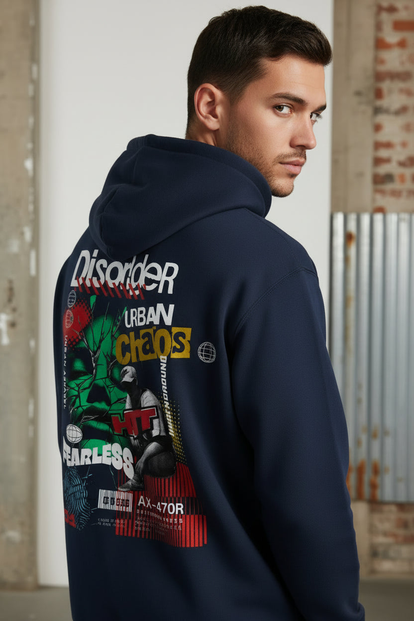 Sudadera con capucha HTT Urban Chaos, azul marino – parte trasera con estampado gráfico