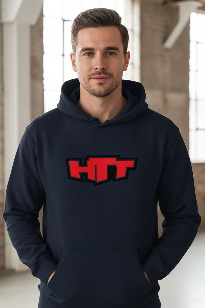Sudadera con capucha HTT Urban Chaos azul marino – parte delantera con logotipo HTT rojo